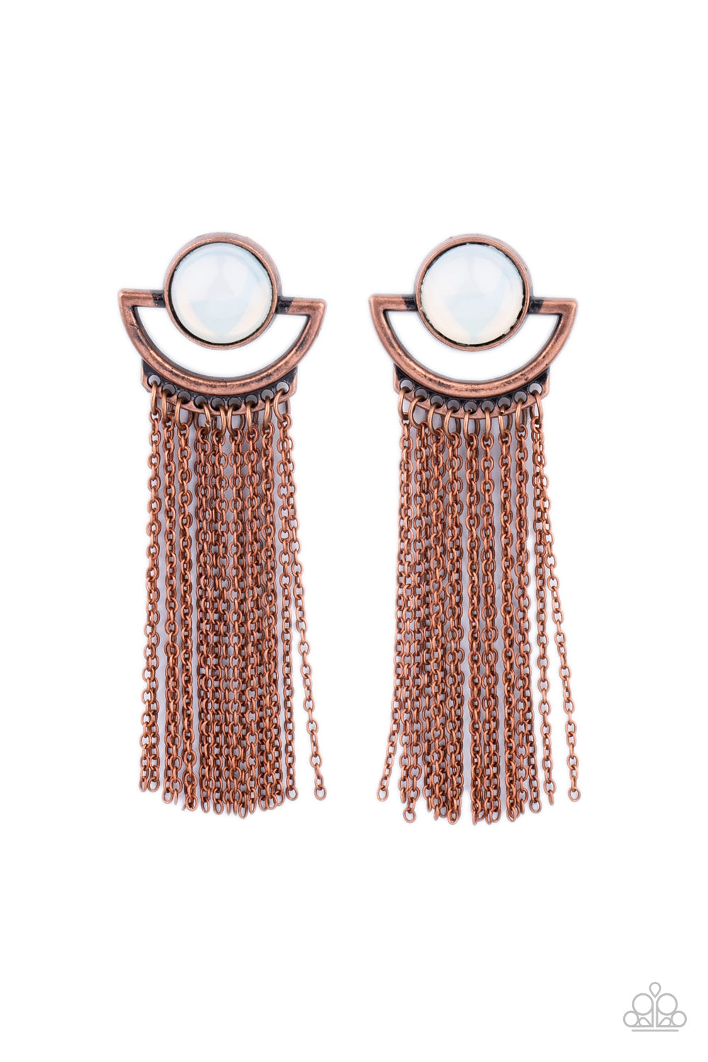 Paparazzi Accessories - A curtain of dainty copper chains stream from the bottom of a rustic crescent shaped copper frame that is dotted in a dewy opal bead for a mystical finish. Earring attaches to a standard post fitting.