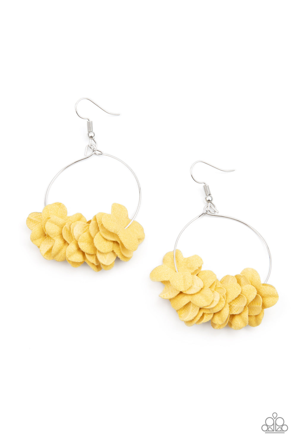 Yellow earrings with a flirty swag, soft pedals dance at the bottom of the hoop. Lead free and nickel free $5 earrings.