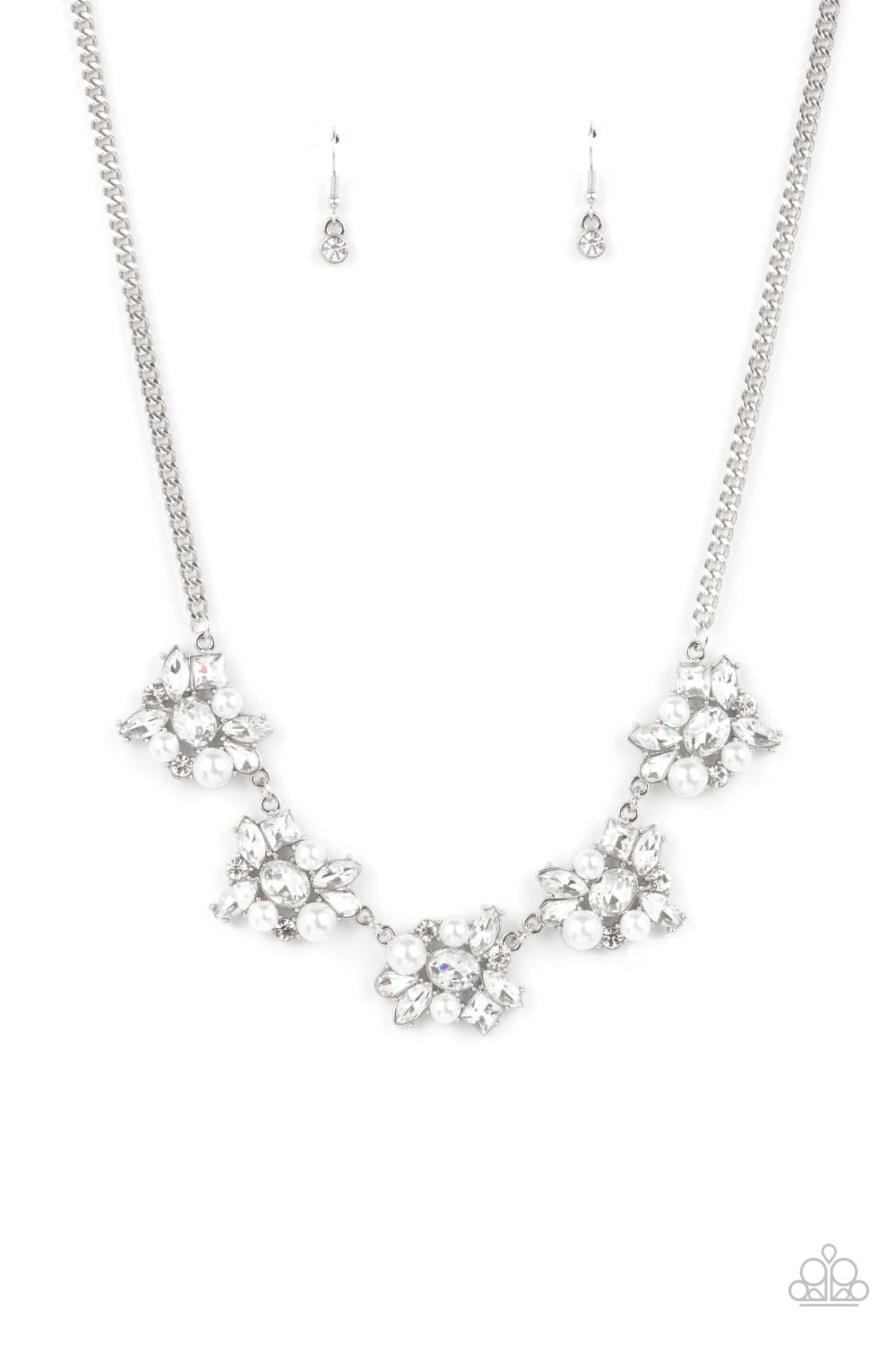Paparazzi Accessories, white pearls and regally cut white rhinestones dangling on a dainty silver chain.
