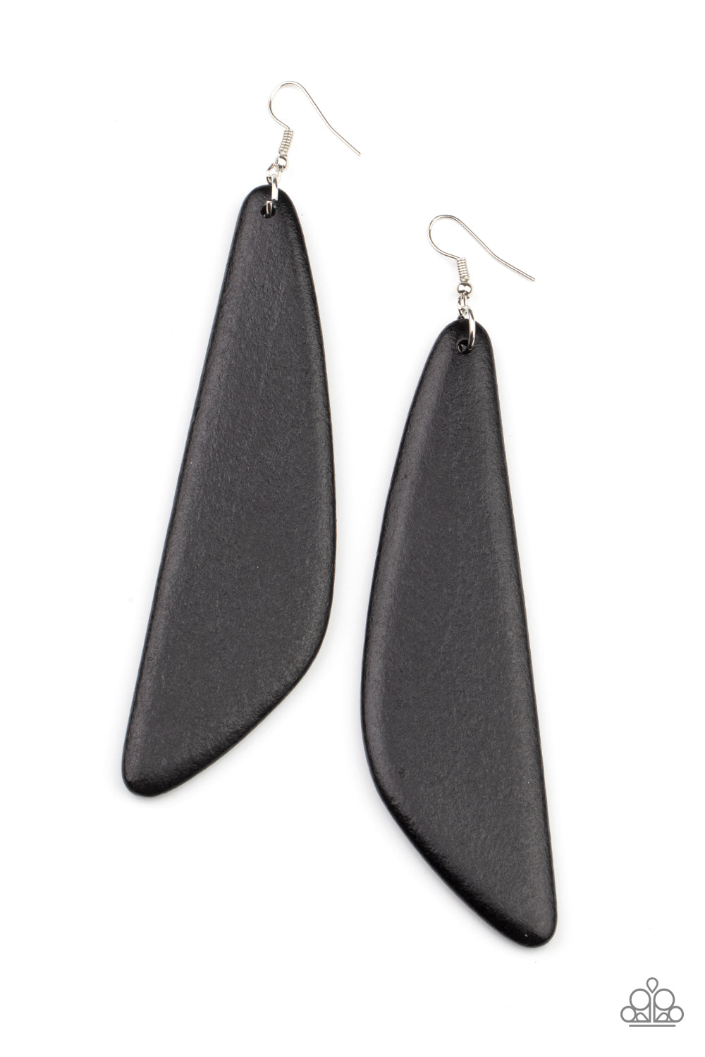 Painted in a shiny black finish, a flared wooden frame swings from the ear for a colorful summery look. Lead free and nickel-free earrings with fish hooks. Medium weight long and fancy.