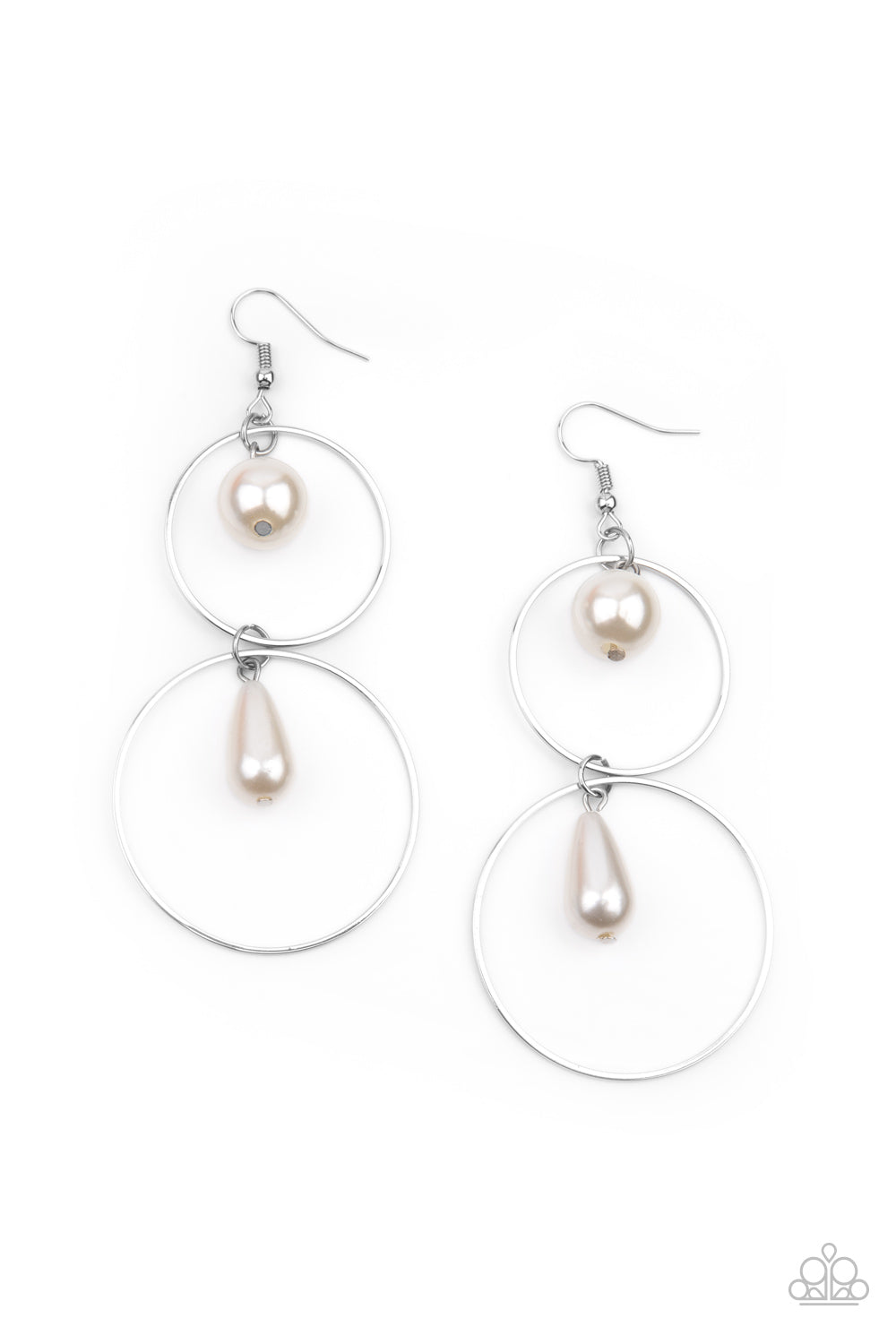 Paparazzi Accessories, white pearl swings from the top of a shiny silver hoop that is linked to another silver hoop by a pearly teardrop bead, creating a stunningly stacked display.
