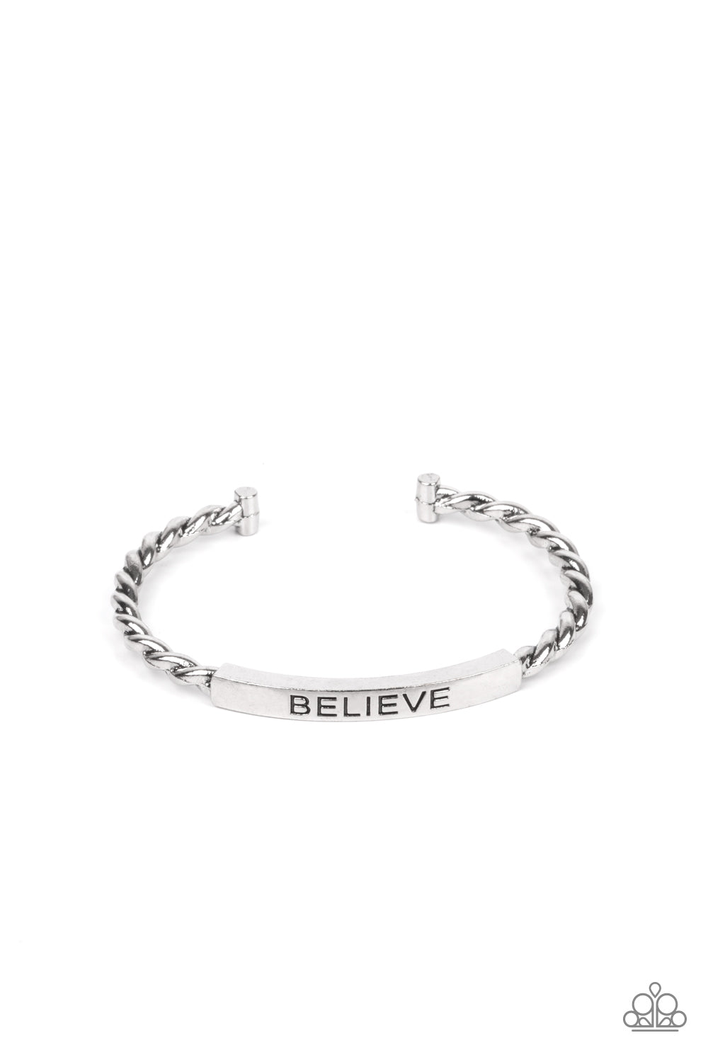 Paparazzi Accessories - Silver bracelet - twisted silver bars attach to a shiny silver plate stamped in the word, "BELIEVE," creating an inspiring cuff around the wrist.