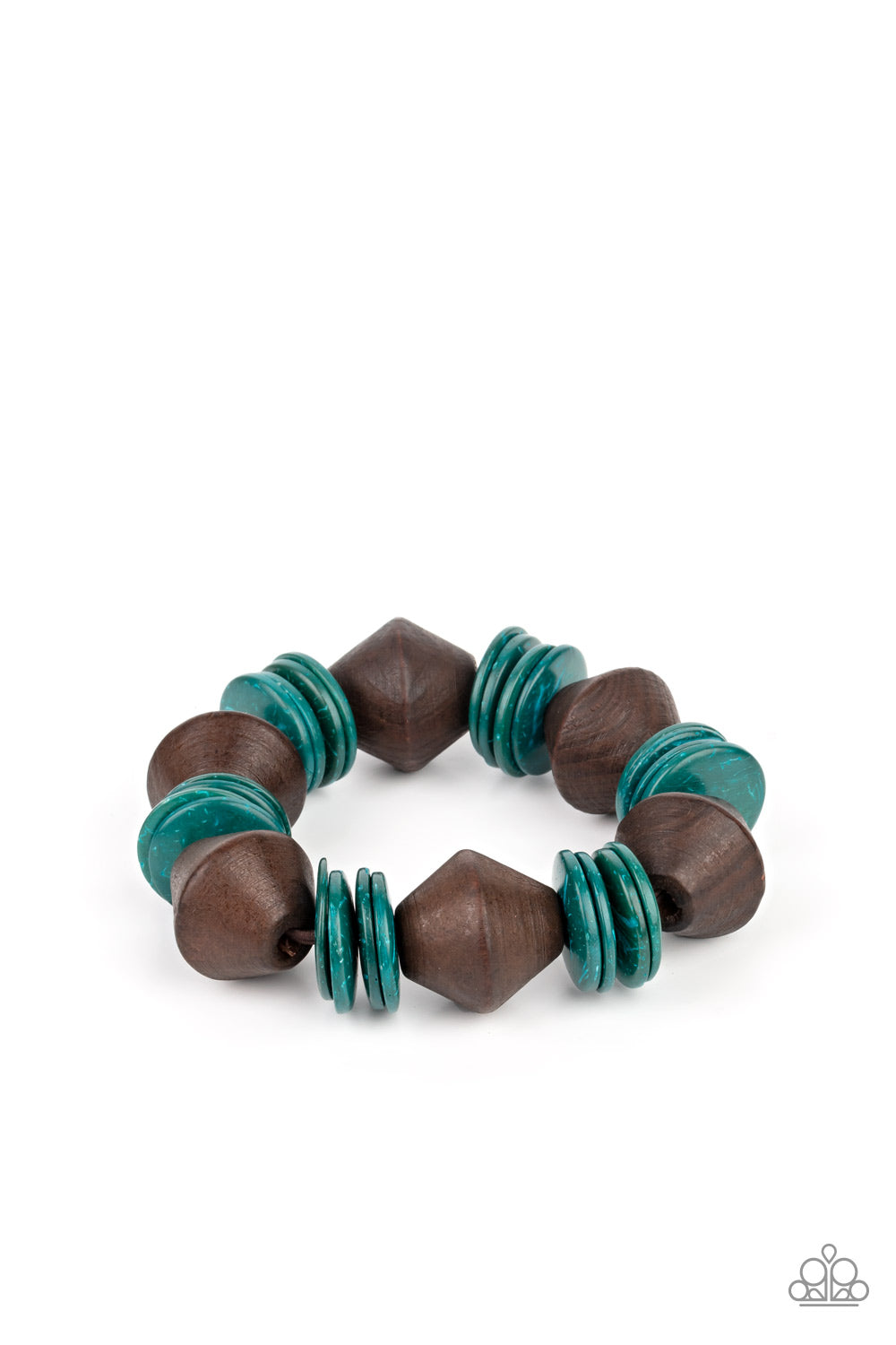 Wooden bracelet with blue accents. Blue wooden discs and chunky brown wooden beads are threaded along a stretchy band around the wrist, creating a summery look.