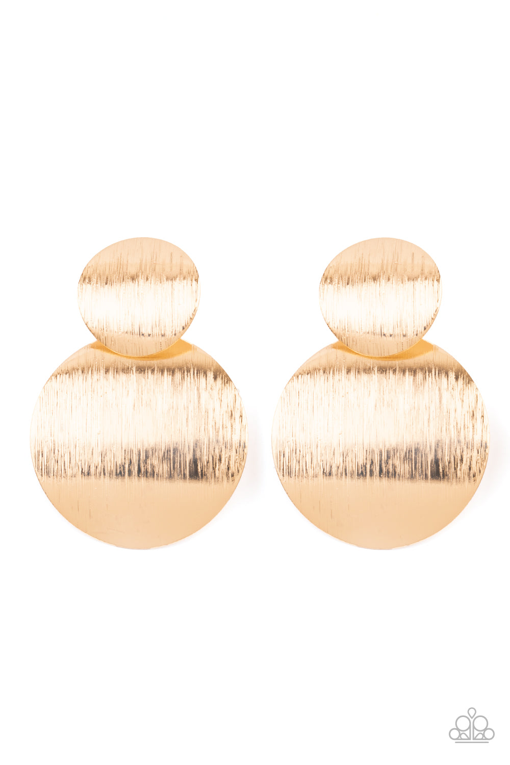 Earring-Delicately scratched in shimmer, curved gold discs link into a stacked lure for a blinding metallic look. Earring attaches to a standard post fitting.  Sold as one pair of post earrings.