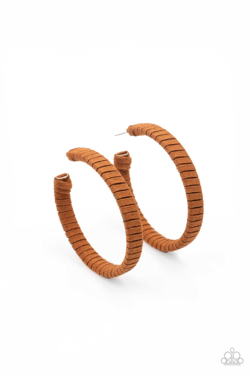 Tan suede cording wraps around an oversized hoop, creating an earthy pop of color. Earring attaches to a standard post fitting.