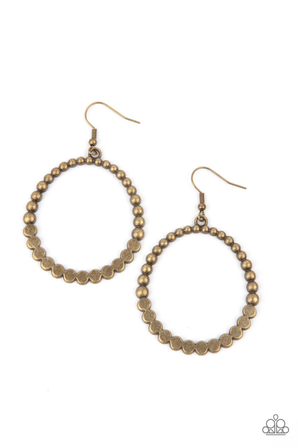 Antiqued brass studs join with flattened brass studs, creating a rustic hoop. Earring attaches to a standard fishhook fitting.  Sold as one pair of earrings.
