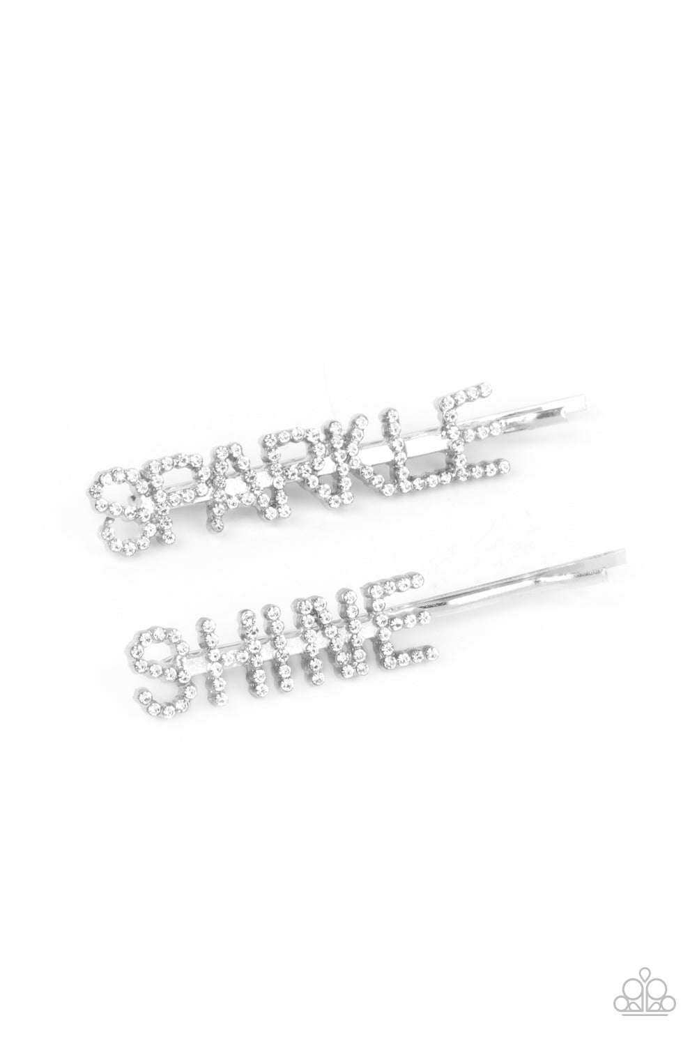 Glassy white rhinestones spell out "Sparkle," and "Shine," across the fronts of two silver bobby pins, creating a sparkly duo. Bling on each hair clip, beautiful, bold and shiny.