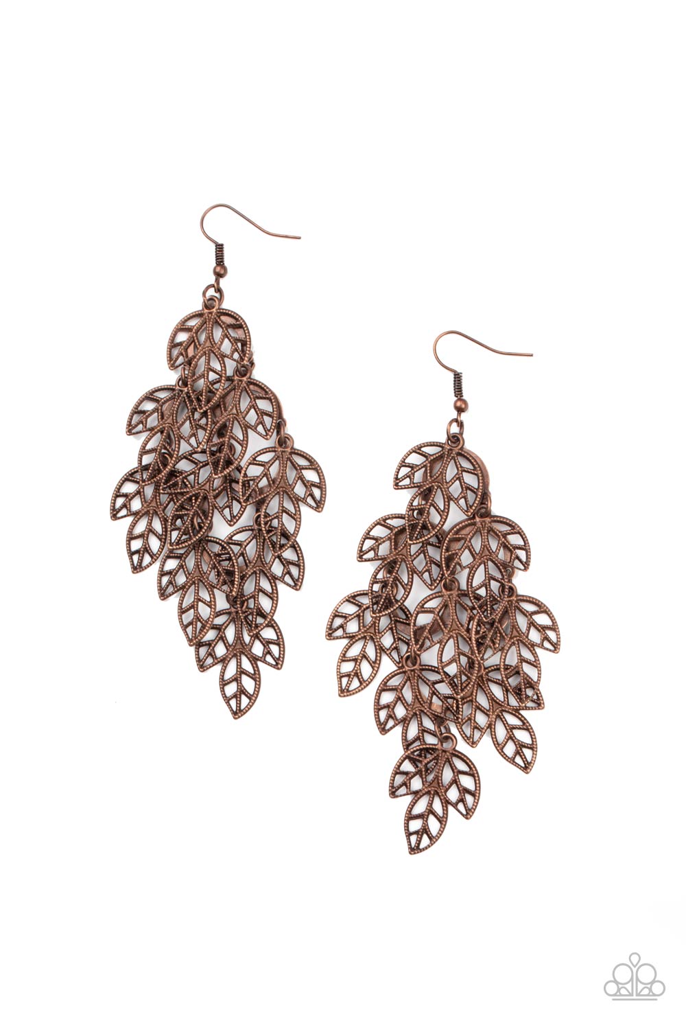 Dangling copper leaf clusters, dancing from a  fishhook earring.
