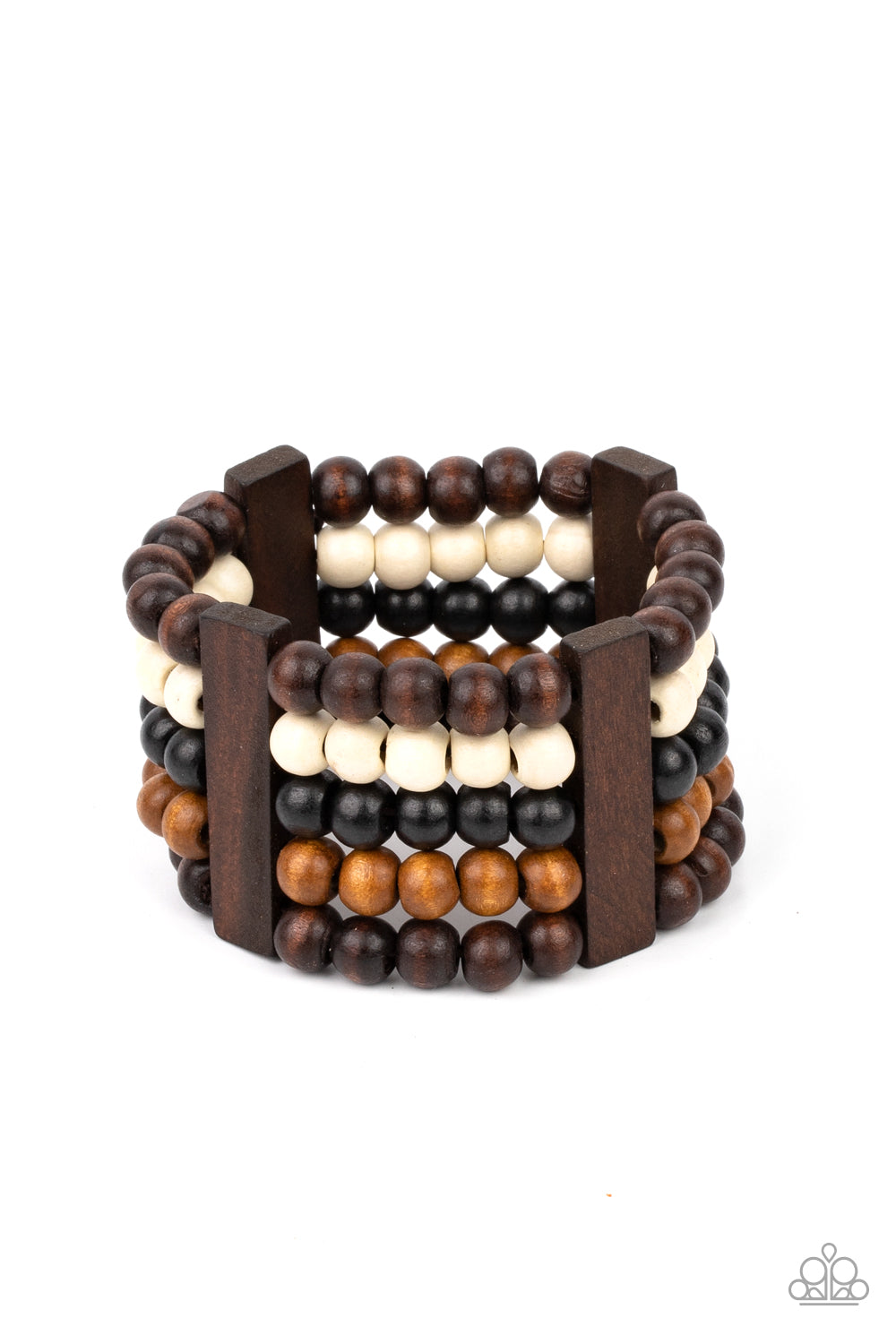 Paparazzi Accessories brown bracelet - Held in place by rectangular wooden frames, strands of brown, black, and white wooden beads are threaded along stretchy bands around the wrist for a colorfully tropical look.