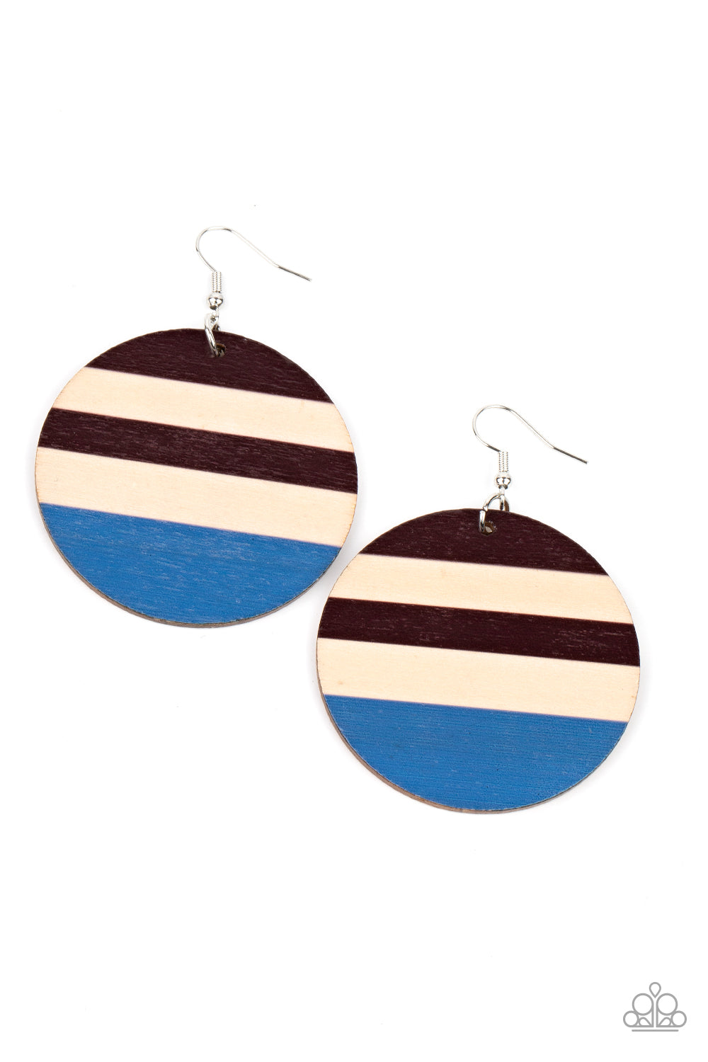 A shiny wooden disc is striped in purplish-brown and French Blue accents. Nickel-free and lead free earrings with fish hooks.