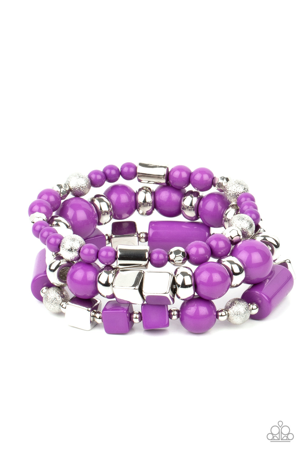 Paparazzi Accessories - Featuring round, cube, and faceted shapes, a colorful collection of purple and silver beads are threaded along stretchy bands around the wrist, 