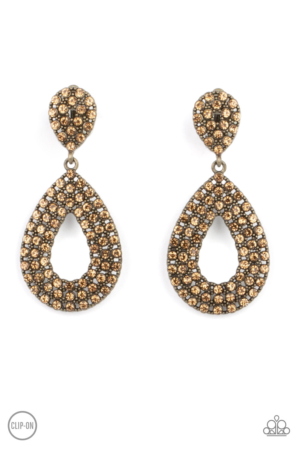 Paparazzi Accessories Earrings - A topaz rhinestone encrusted silhouette teardrop attaches to the bottom of a dainty topaz rhinestone encrusted teardrop, creating a glamorous lure. 