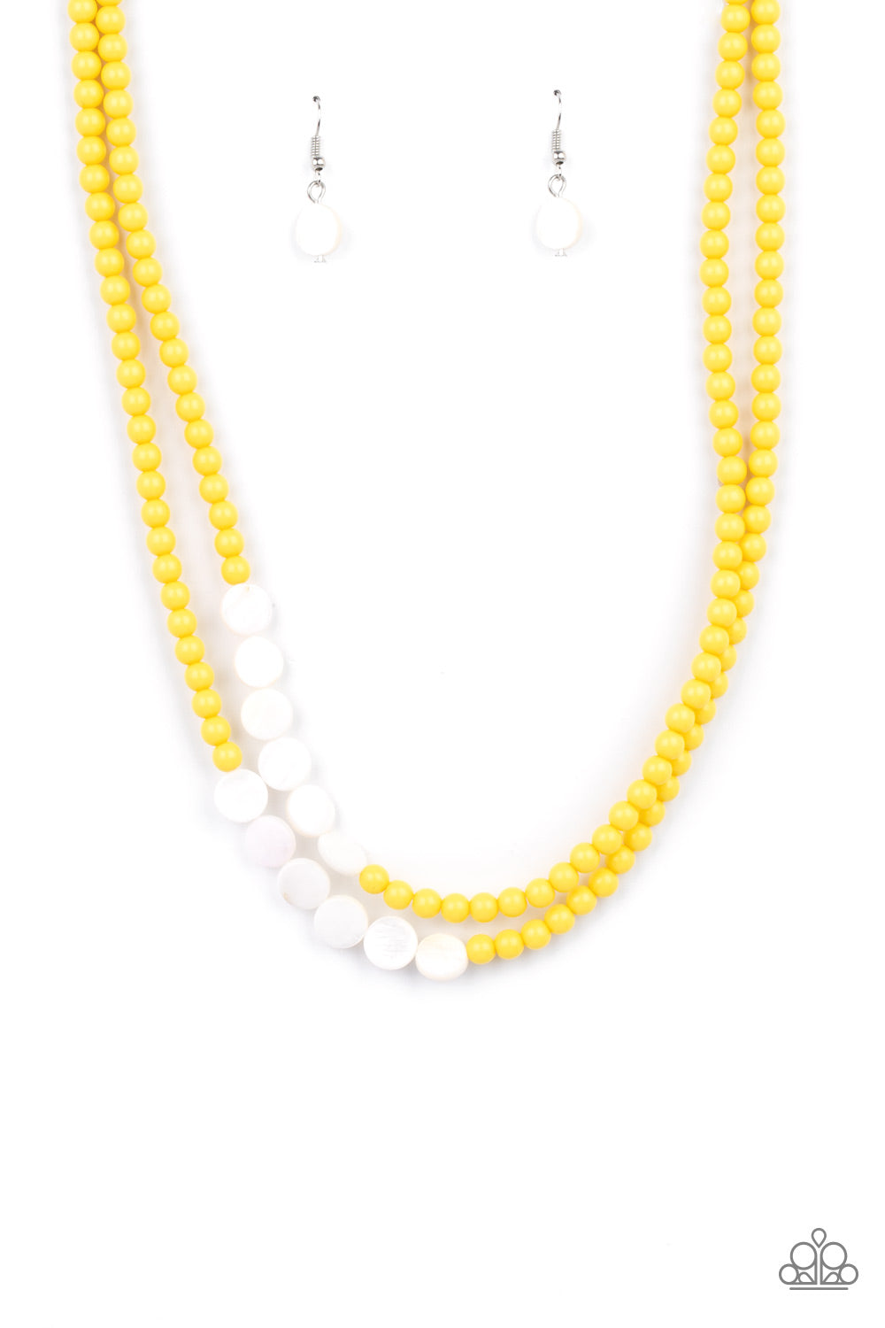 Paparazzi Accessories - A summery collection of shiny white shell-like discs and dainty yellow beads are threaded along invisible wires, creating colorful layers falling below the collar. Features an adjustable clasp closure.