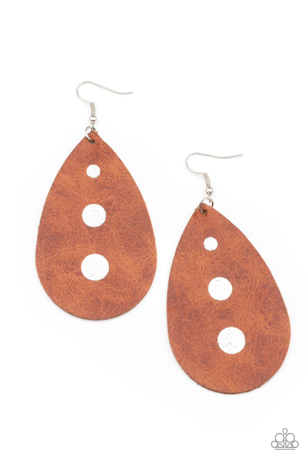 Paparazzi Accessories, distressed leather teardrop framed earrings with a kiss of white dots. Oh so sassy.