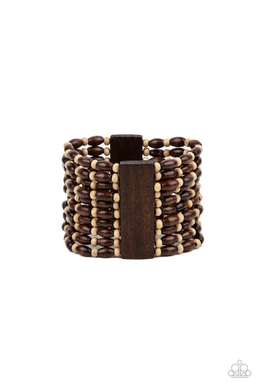 Paparazzi Accessories bracelet - Held together with rectangular wooden frames, an earthy collection of white wooden beads and brown oval wooden beads are threaded along stretchy bands around the wrist for a bold beach inspired fashion.