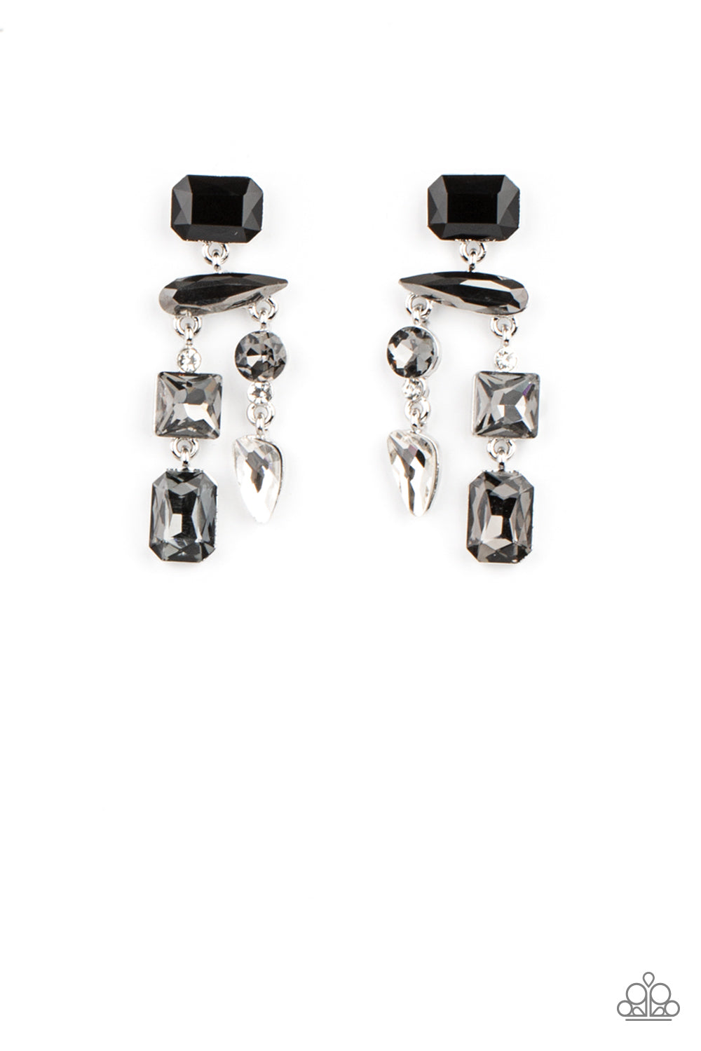 Varying in shape, a smoldering collection of black, smoky, and white gems haphazardly link into a edgy chandelier. 