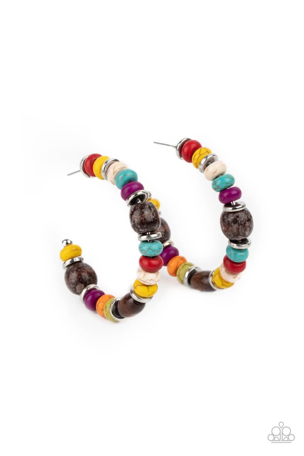 An earthy collection of multicolored stone beads, silver discs, and brown wooden beads are delicately threaded along a dainty wire, creating an artisan inspired hoop. Earring attaches to a standard post fitting. Hoop measures approximately 2" in diameter.