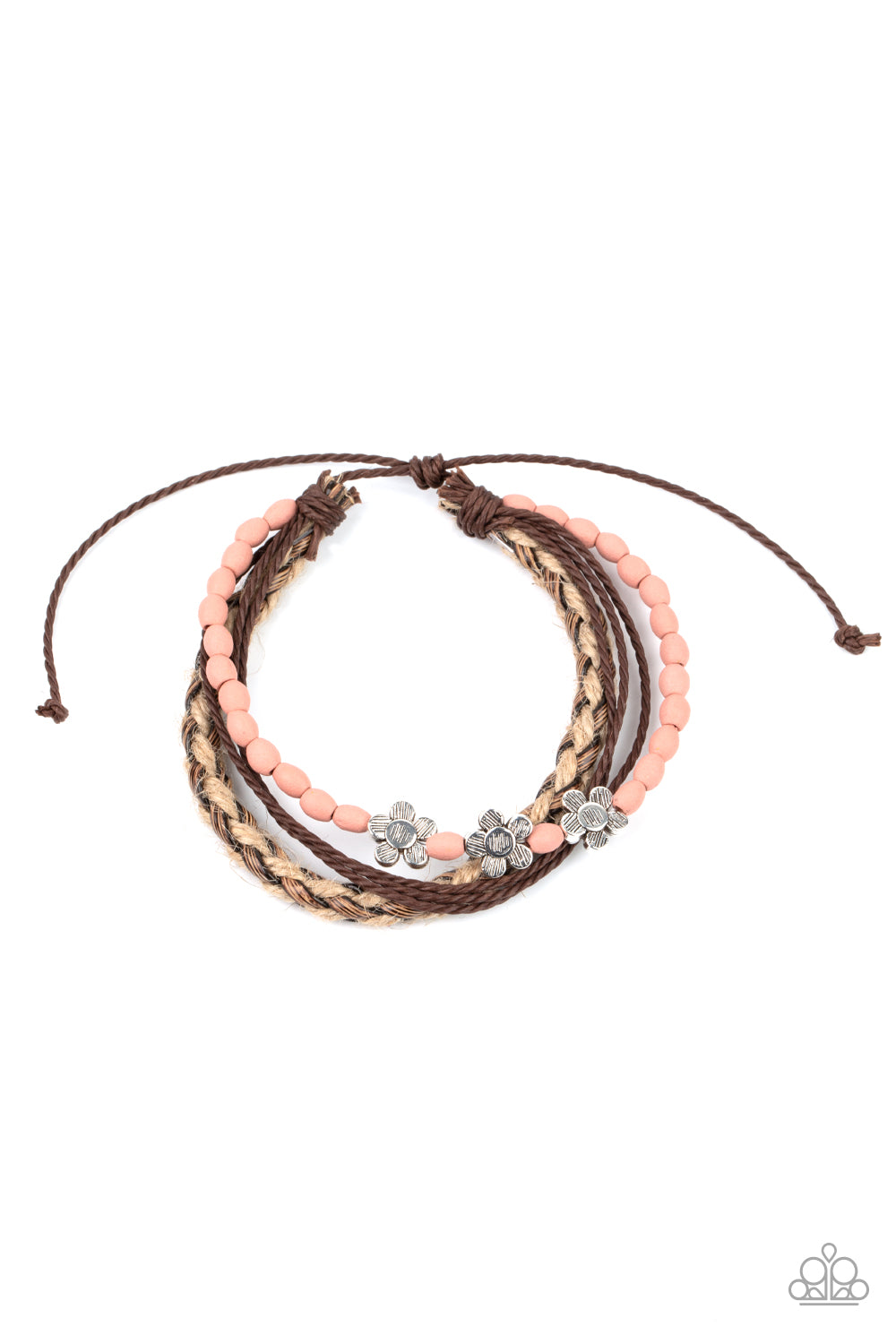 Paparazzi Accessories - Three delightful etched silver flowers stand out on a strand of baby pink wooden beads. Paired with an assortment of braided twine and cording, the set wraps around the wrist for an earthy remix. Features an adjustable sliding knot closure.
