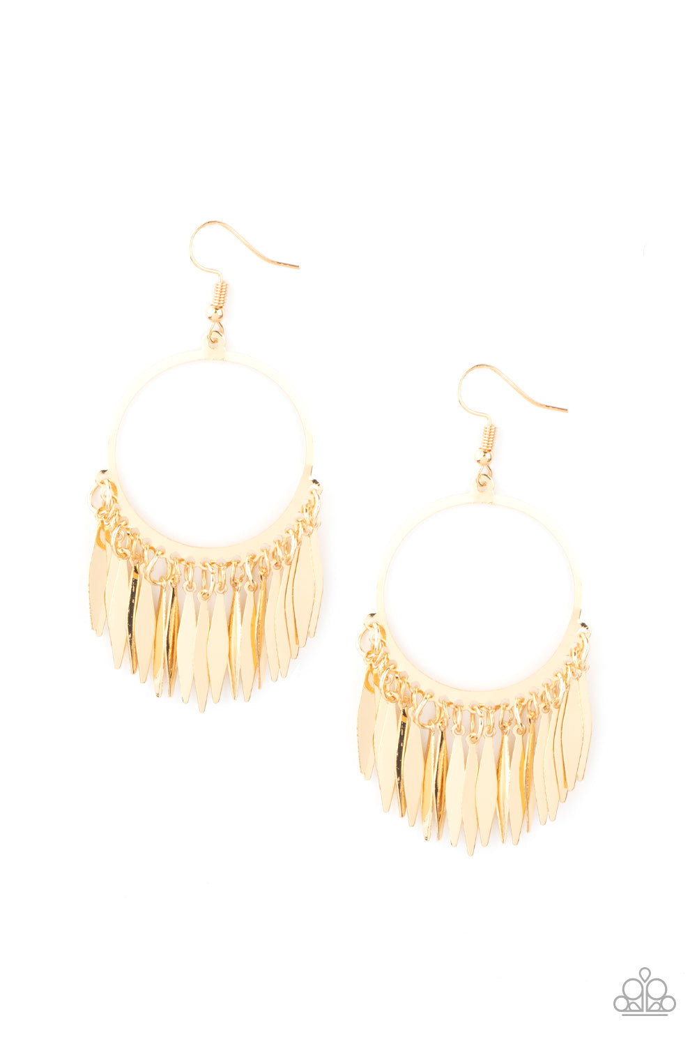 Paparazzi Accessories - Flared flat bars stream out from the bottom of a glistening gold hoop, creating a radiant fringe. Earring attaches to a standard fishhook fitting.