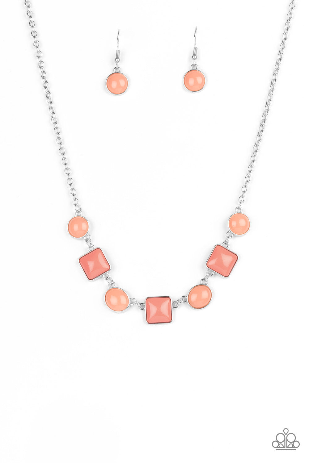 Paparazzi Accessories necklace - Burnt Coral beads in varying opacities are pressed into simple silver frames. The square and round shapes link across the collar on a silver chain for a dainty trend worthy display. Features an adjustable clasp closure.