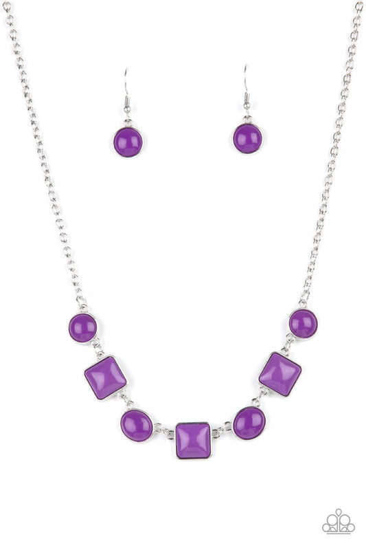 Paparazzi Necklace - Glossy bright purple beads are pressed into simple silver frames. The square and round shapes link across the collar on a silver chain for a dainty trendy display. Features an adjustable clasp closure.
