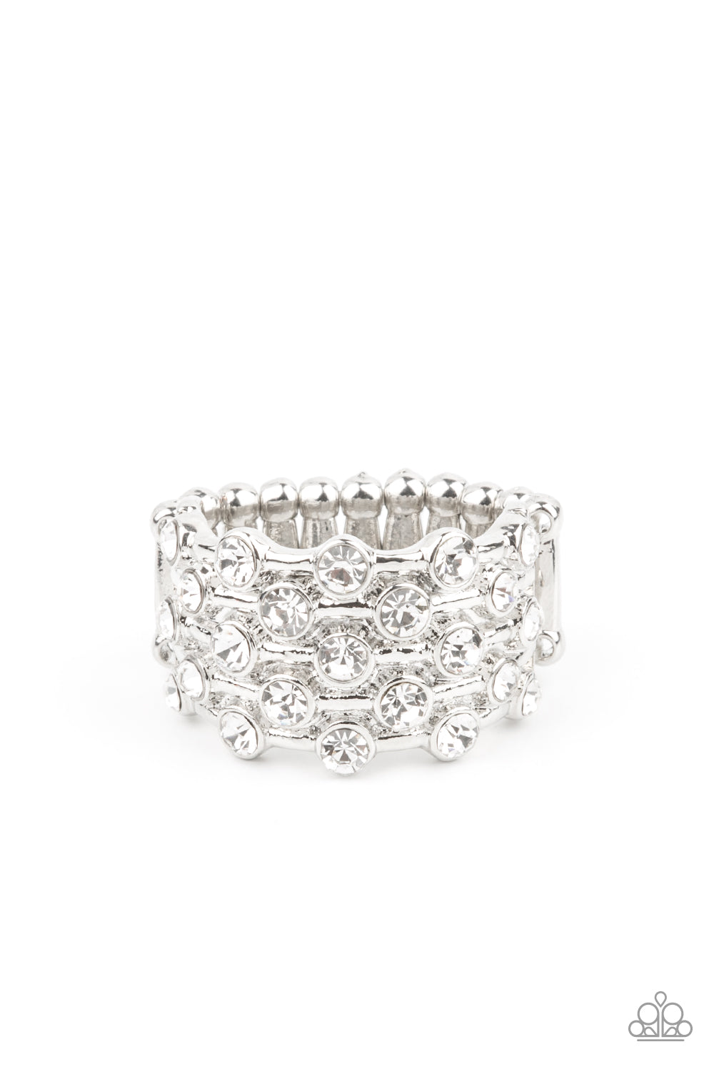 Sparkling white rhinestones encased in silver frames line up in layers across shiny silver bands creating a shimmering statement atop the finger.