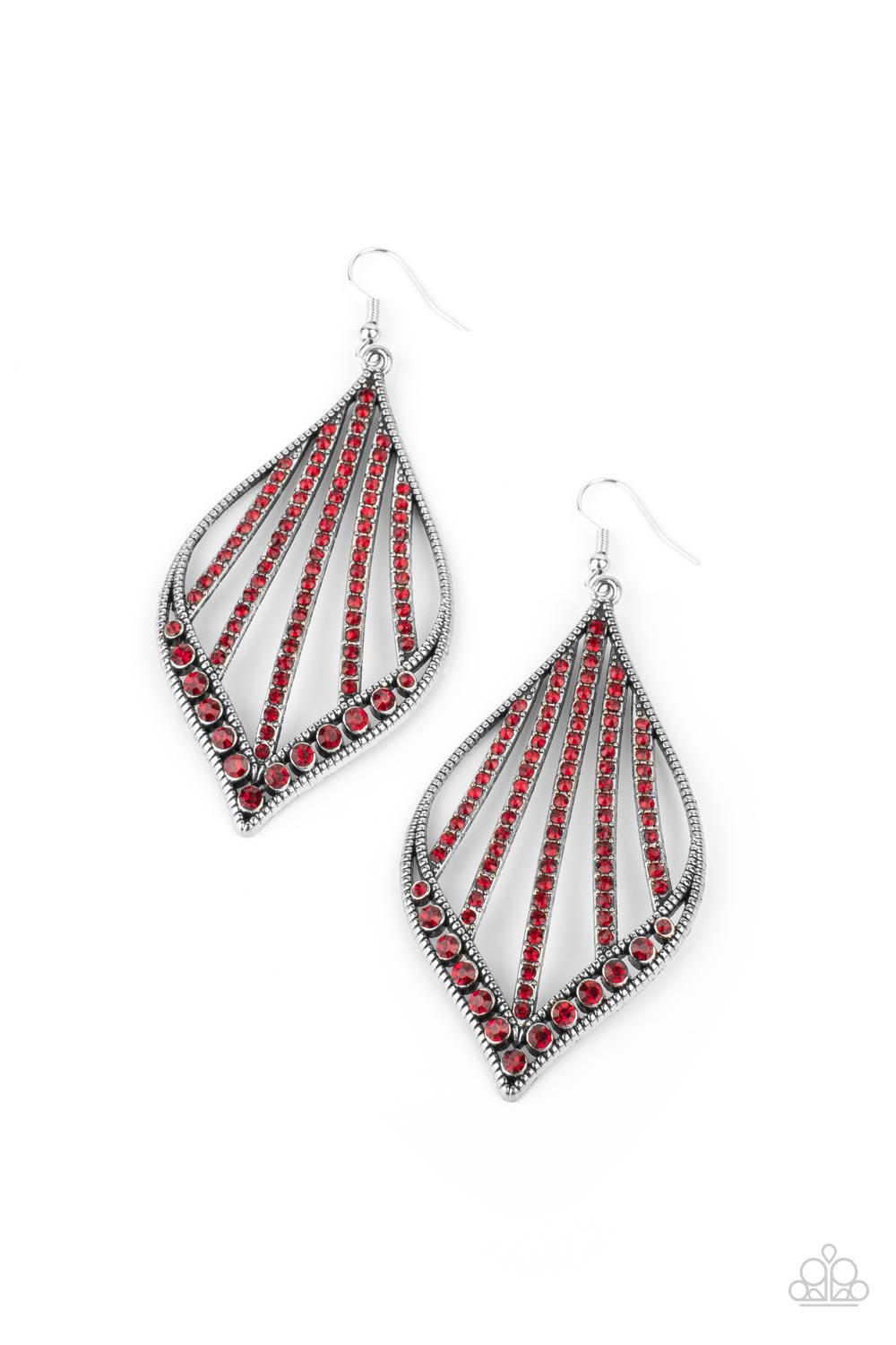 Paparazzi Accessories Earrings - Curved rows of glittery red rhinestones streak across the center of a studded marquise shaped silver frame.