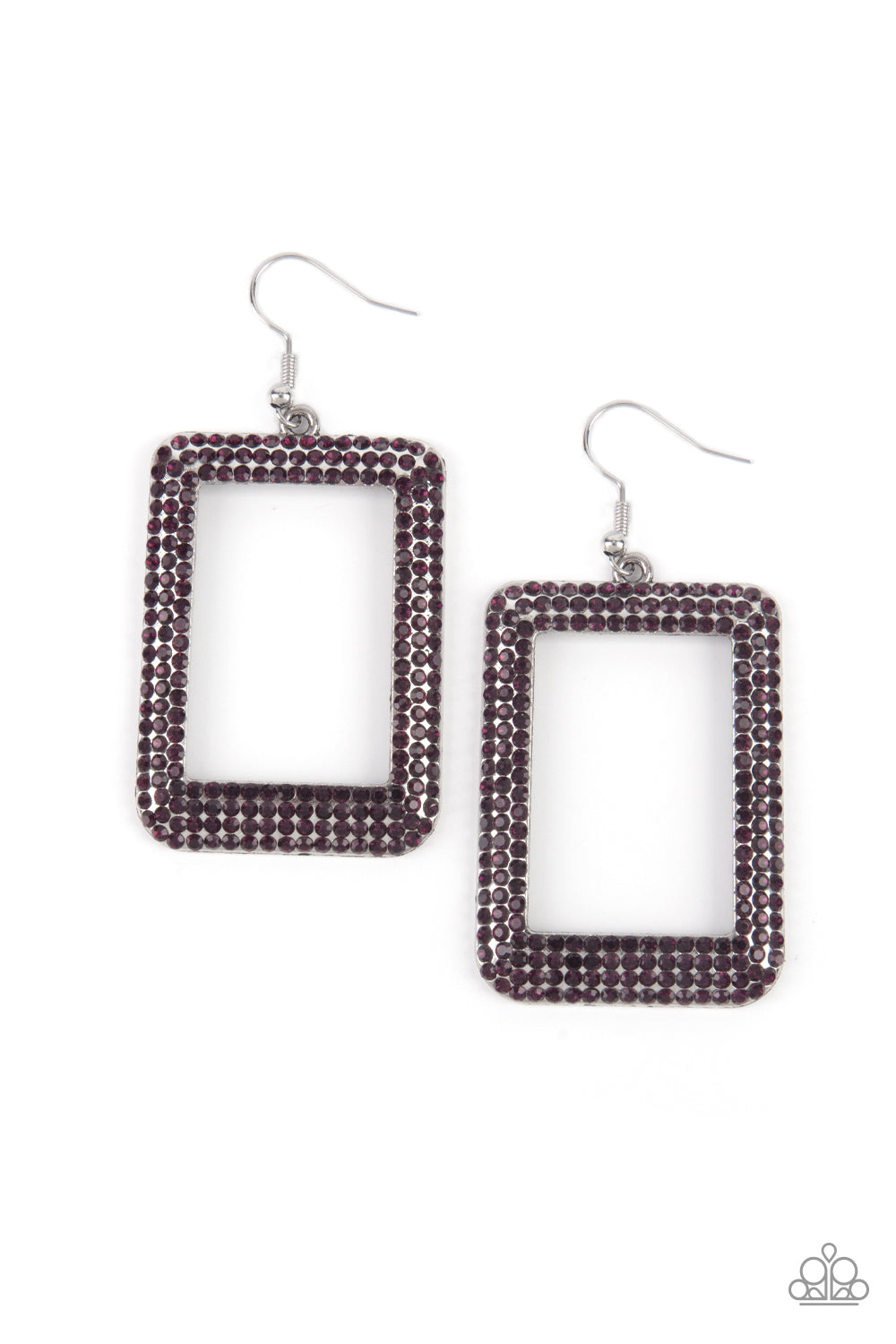 Paparazzi Accessories - Bordered in rows of glittery purple rhinestones, an oversized silver rectangular frame swings from the ear for a fashionable finish. 