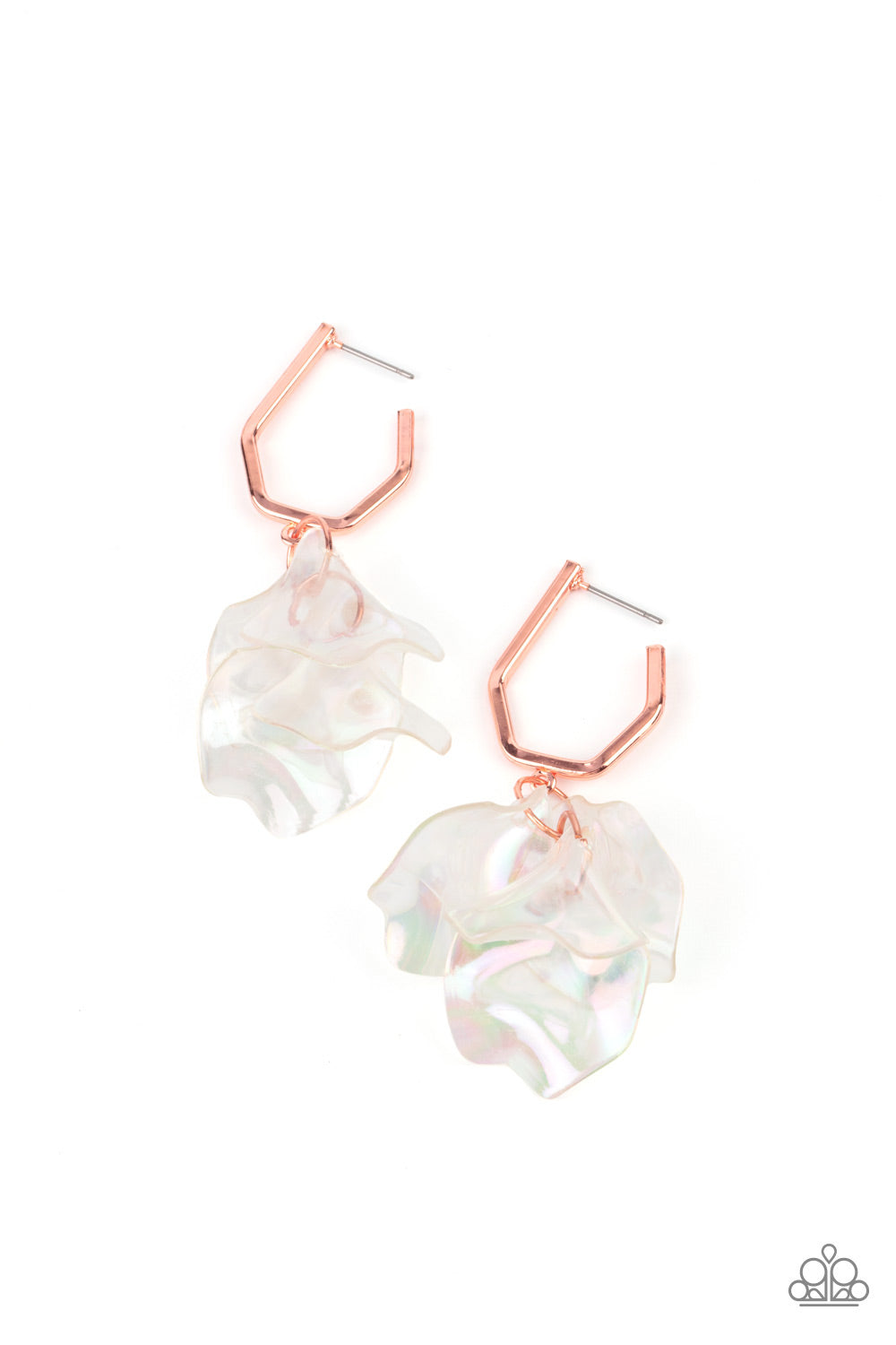 Paparazzi Accessories - A cluster of iridescent acrylic petals swing from the bottom of a dainty shiny copper geometric hoop, creating an ethereal edge.