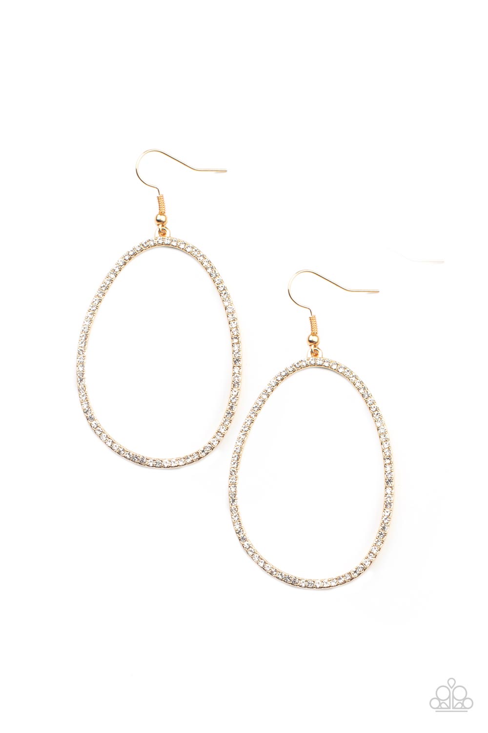 Paparazzi Accessories - Dotted in dainty white rhinestones, an asymmetrical oval gold frame swings from the ear for a sassy look.