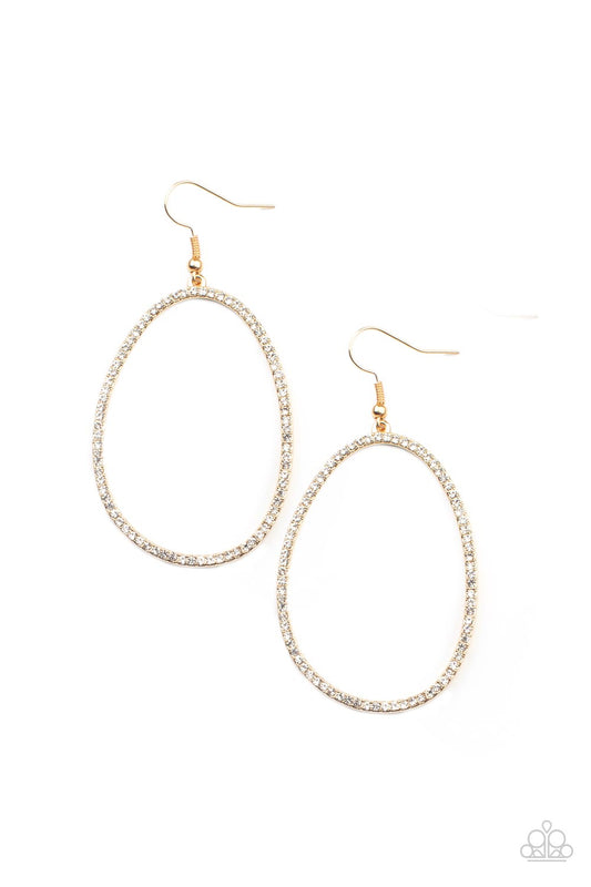 Paparazzi Accessories - Dotted in dainty white rhinestones, an asymmetrical oval gold frame swings from the ear for a sassy look.