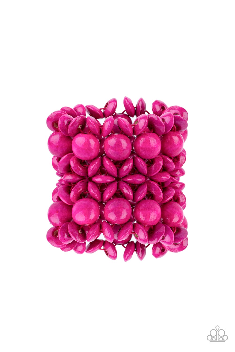 Paparazzi Accessories - Brushed in a vibrant pink finish, an oversized collection of disc shaped and round wooden beads are threaded along ornately knotted woven stretchy bands around the wrist for a tropical inspired fashion.