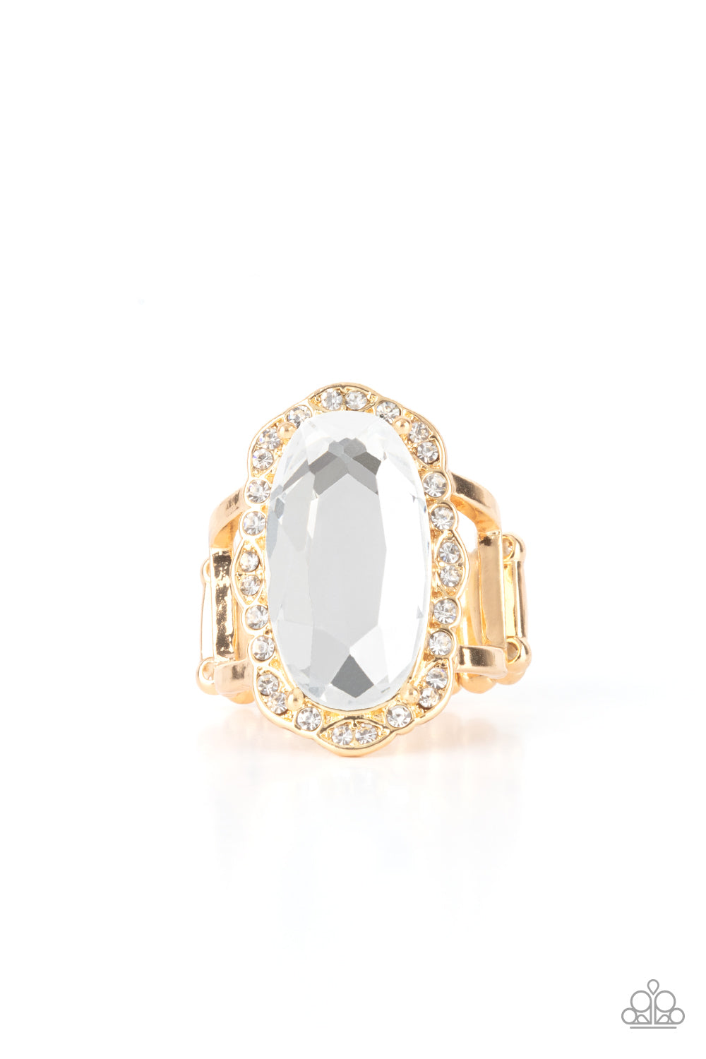Life of the Party, ring, A dramatically oversized oval white gem adorns the center of a scalloped gold frame dusted in dainty white rhinestones, creating a commanding centerpiece atop the finger. Features a stretchy band for a flexible fit.  Sold as one individual ring.