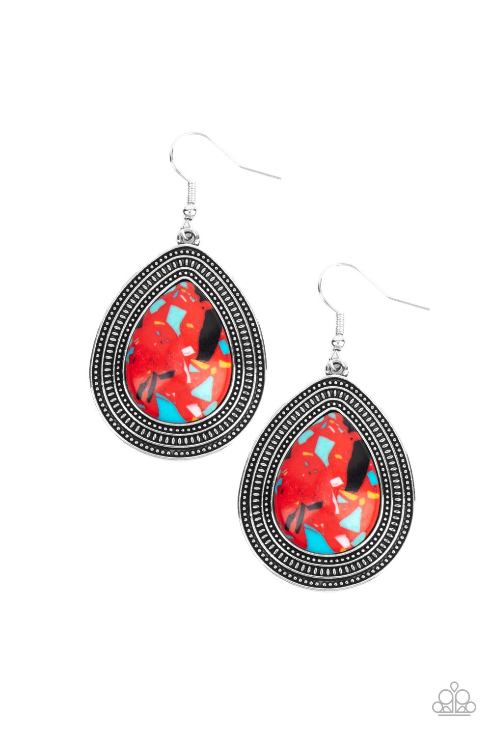 Earrings - Featuring a colorful terrazzo pattern, a red teardrop stone is pressed into the center of a silver frame studded and embossed in borders of tribal inspired textures. Earring attaches to a standard fishhook fitting.  Sold as one pair of earrings.