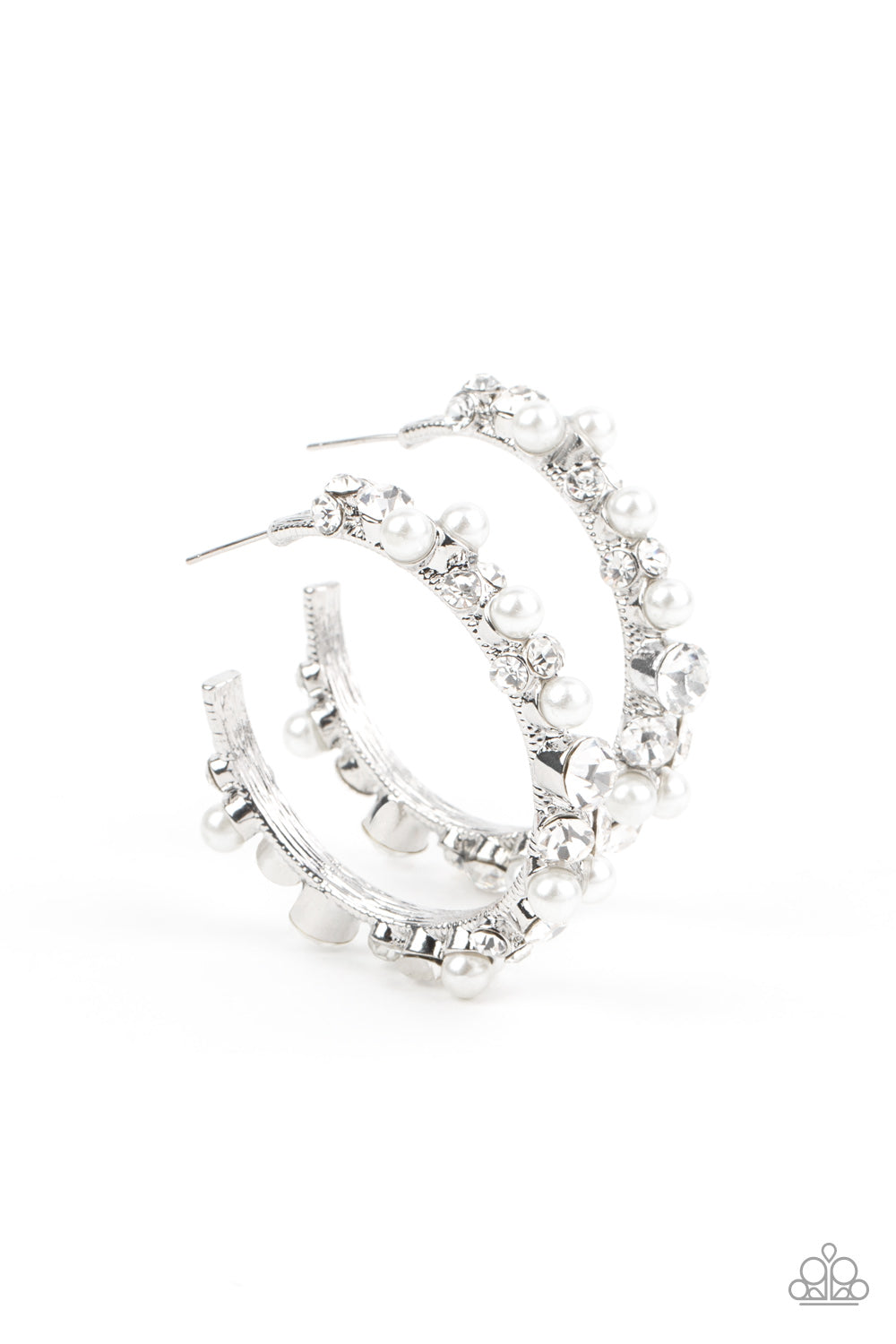 Life of the Party - A bubbly array of classic white rhinestones and glassy white rhinestones are encrusted along the front of a silver hoop, creating an elegantly effervescent look. Earring attaches to a standard post fitting. Hoop measures approximately 1 1/2" in diameter. All Paparazzi accessories are nickel free and lead free.