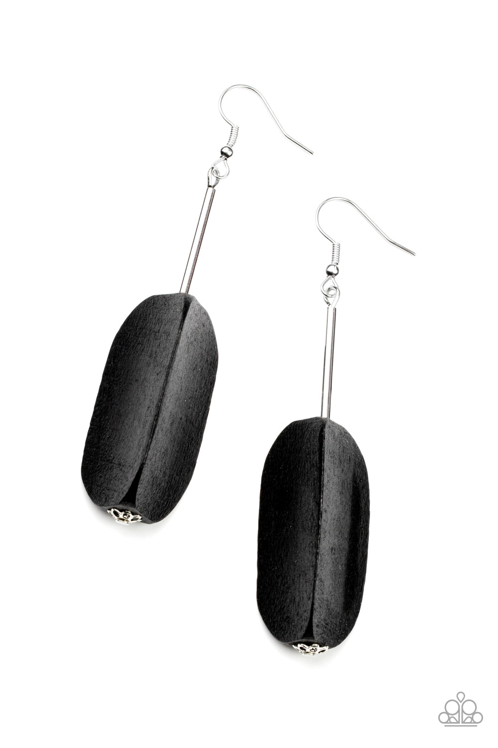A faceted chunk of black wood glides along a shiny silver rod, creating an abstract frame for an artisan inspired fashion. Earring attaches to a standard fishhook fitting.