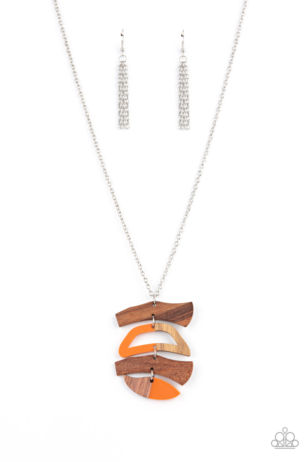 Featuring orange acrylic accents, mismatched wooden frames delicately link into an abstract pendant at the bottom of a lengthened silver chain for an earthy fashion. 