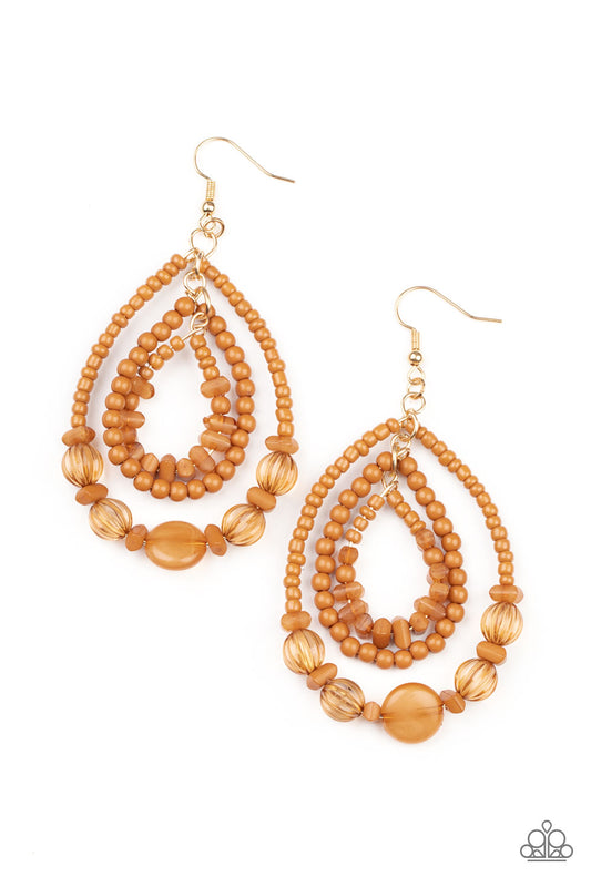 Varying in size and shape, mismatched brown stone, seed bead, crystal-like, and faux stone beads are threaded along three dainty wires that connect into a colorful teardrop lure. Earring attaches to a standard fishhook fitting.