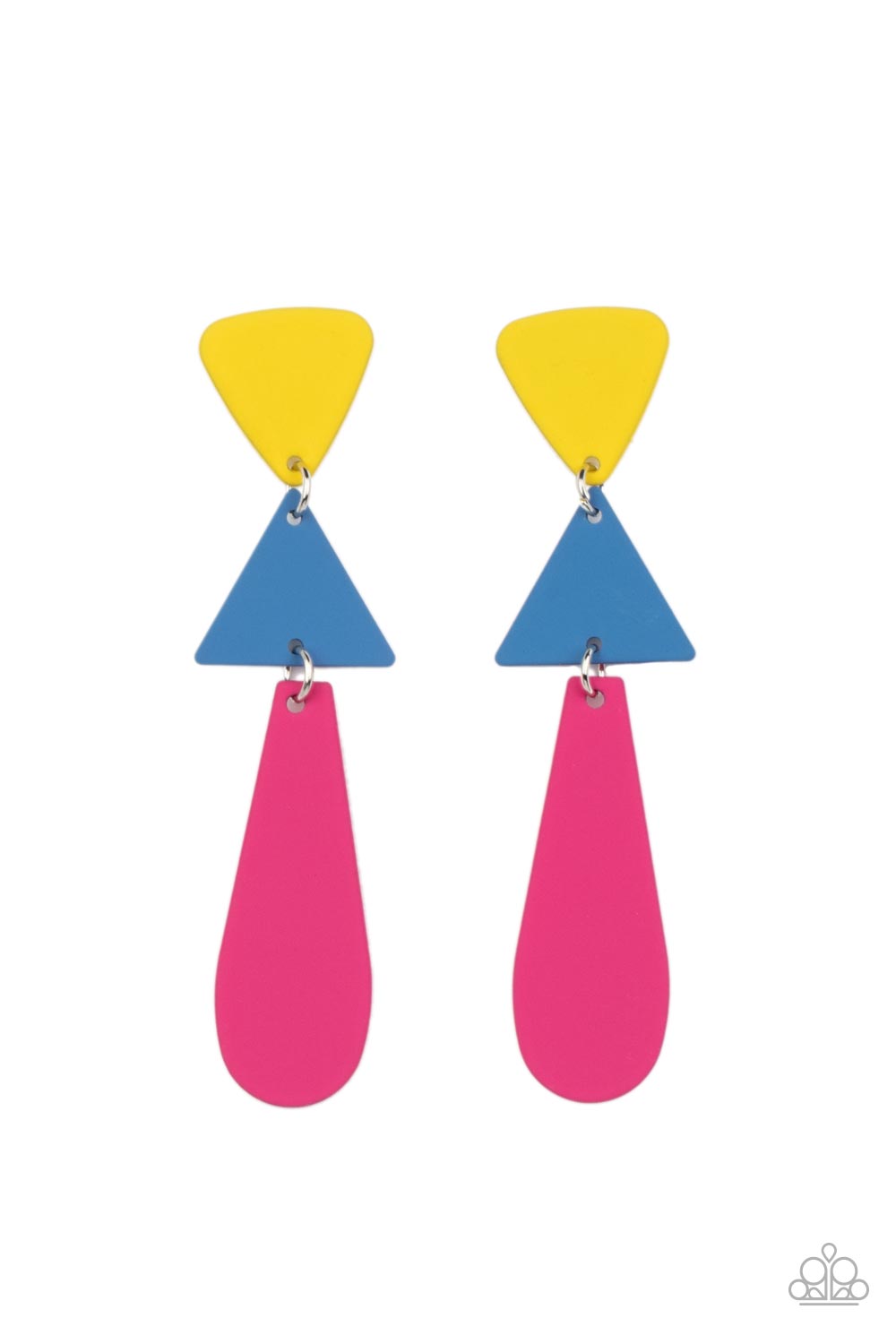 Featuring a flat matte finish, an Illuminating triangle, a French Blue triangle, and an oval Fuchsia Fedora frame delicately links into a colorfully retro lure. 