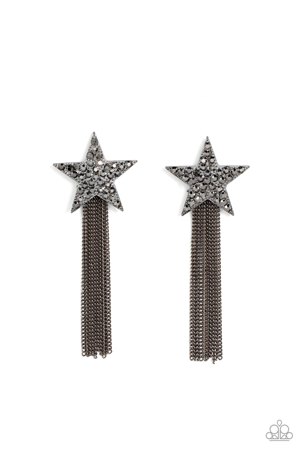 A curtain of gunmetal chains streams out from the bottom of an oversized gunmetal star encrusted in smoky hematite rhinestones, resulting in a stellar tassel. Earring attaches to a standard post fitting.