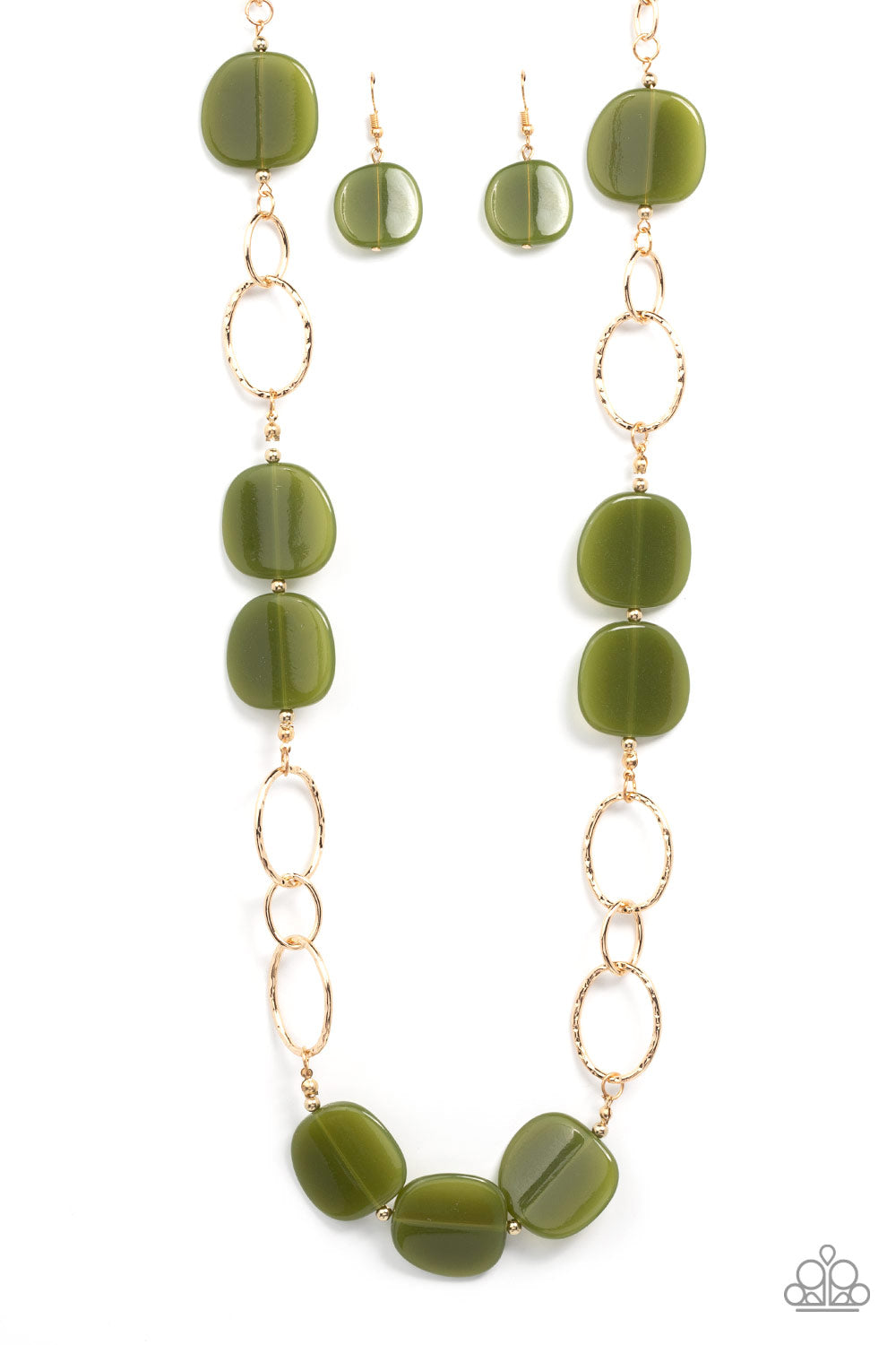 An oversized collection of Olive Branch acrylic accents adorn sections of oversized textured gold links, resulting in a refined pop of color across the chest. Features an adjustable clasp closure.