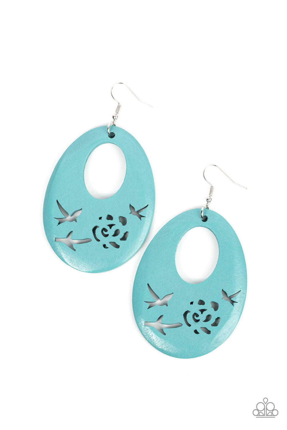Blue Earrings-The bottom of a turquoise blue wooden teardrop frame features bird and floral cutouts.