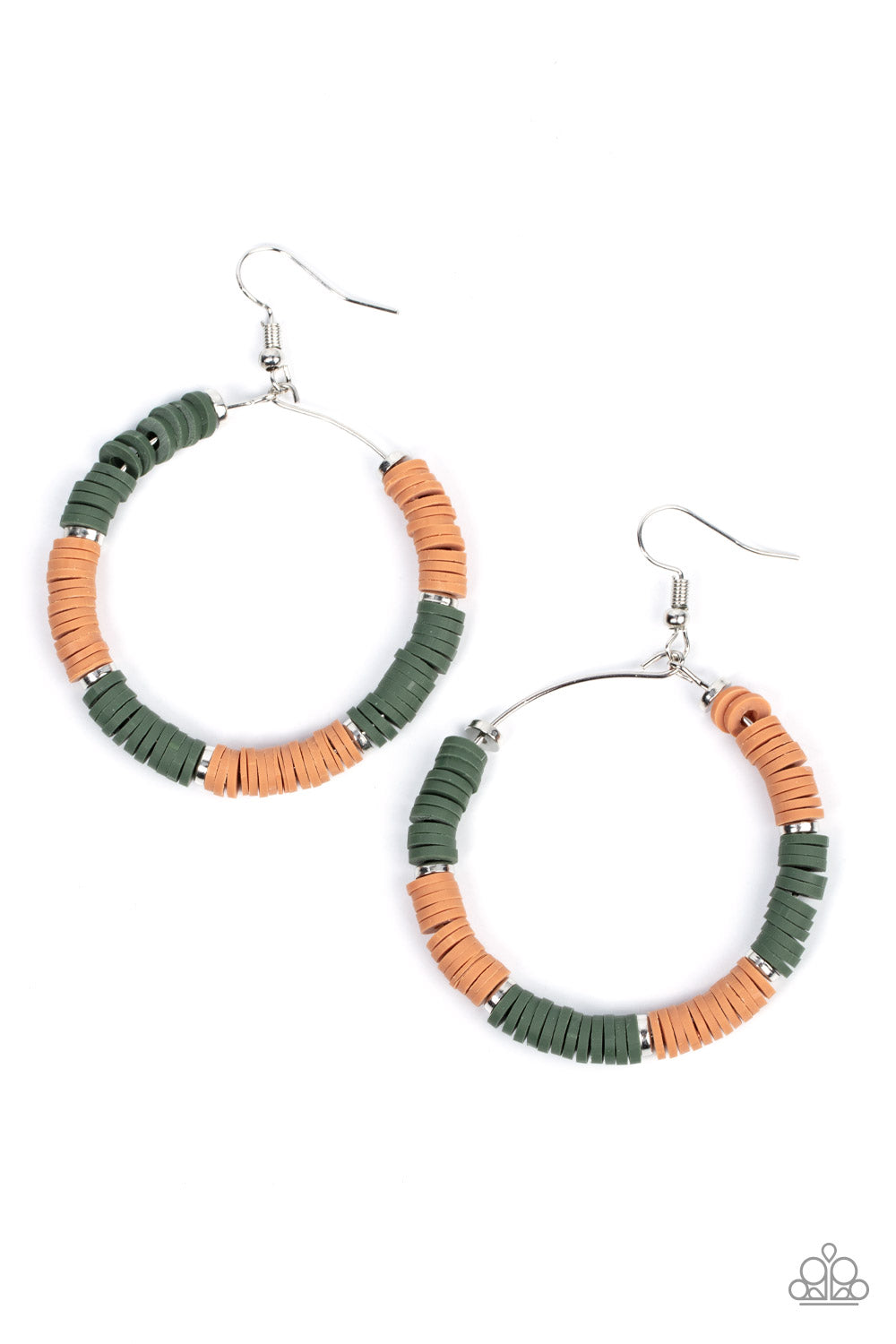 Infused with dainty silver accents, an earthy collection of rubbery green and brown discs are threaded along a dainty silver wire hoop for a colorful look.