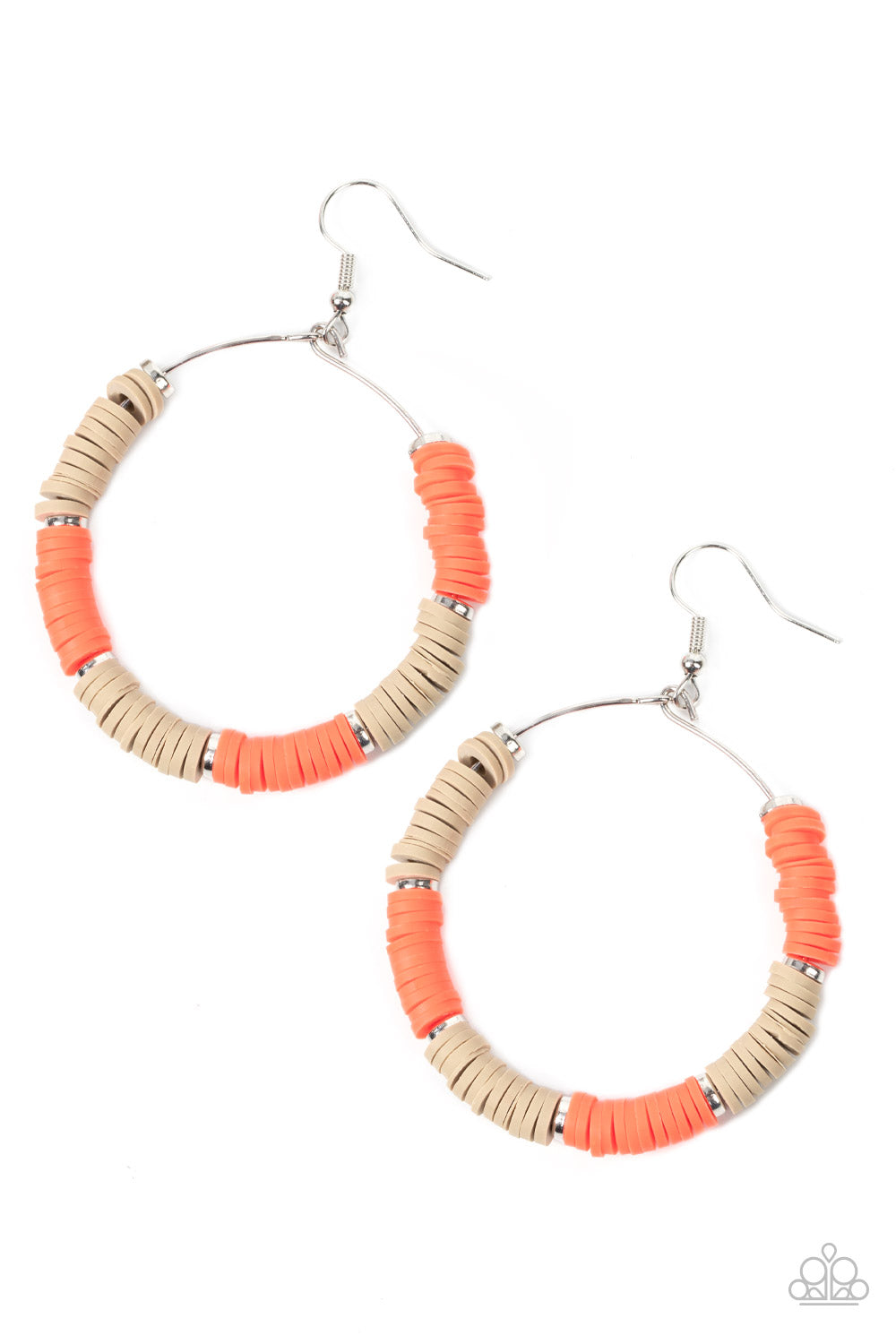 nfused with dainty silver accents, an earthy collection of rubbery tan and orange discs are threaded along a dainty silver wire hoop for a colorful look.
