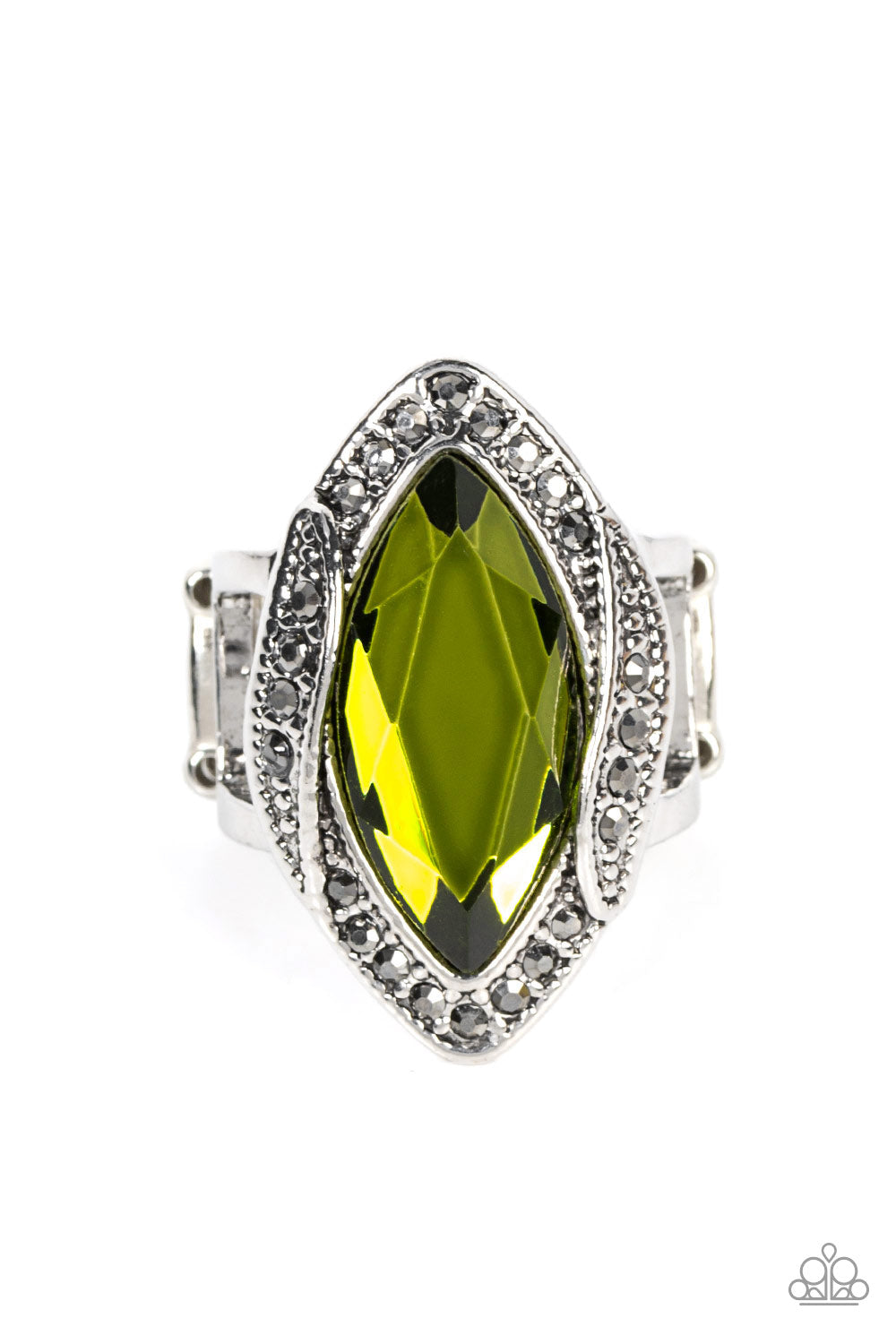 Dotted in dainty hematite rhinestones, folds of silver gather around an oversized marquise cut green gem for a gritty display of glitter atop the finger. Features a stretchy band for a flexible fit.  Sold as one individual ring.
