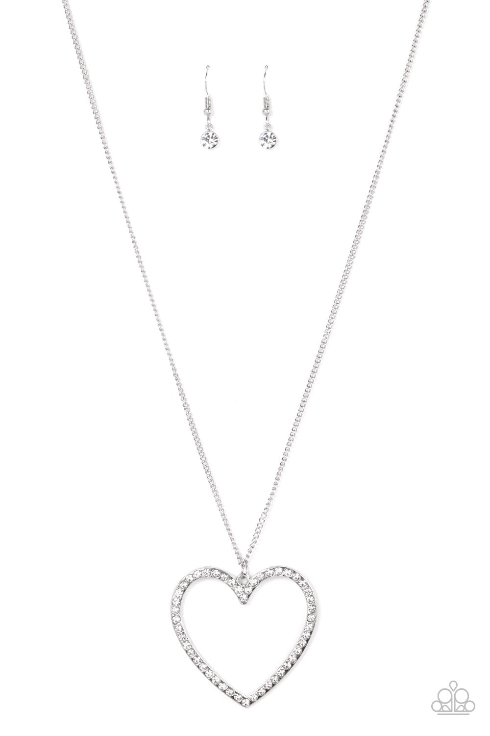 Dotted in dainty white rhinestones, an oversized silver heart frame swings from the bottom of an extended silver chain for a flirtatious sparkle. Features an adjustable clasp closure.