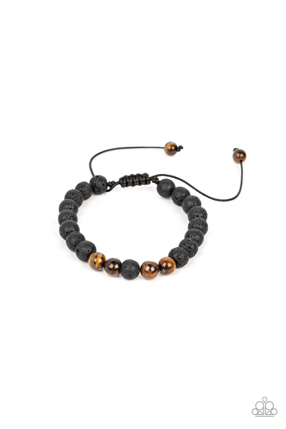 An earthy collection of black lava rock and tiger's eye stone beads are threaded along a black cord around the wrist, resulting in a seasonal pop of color.