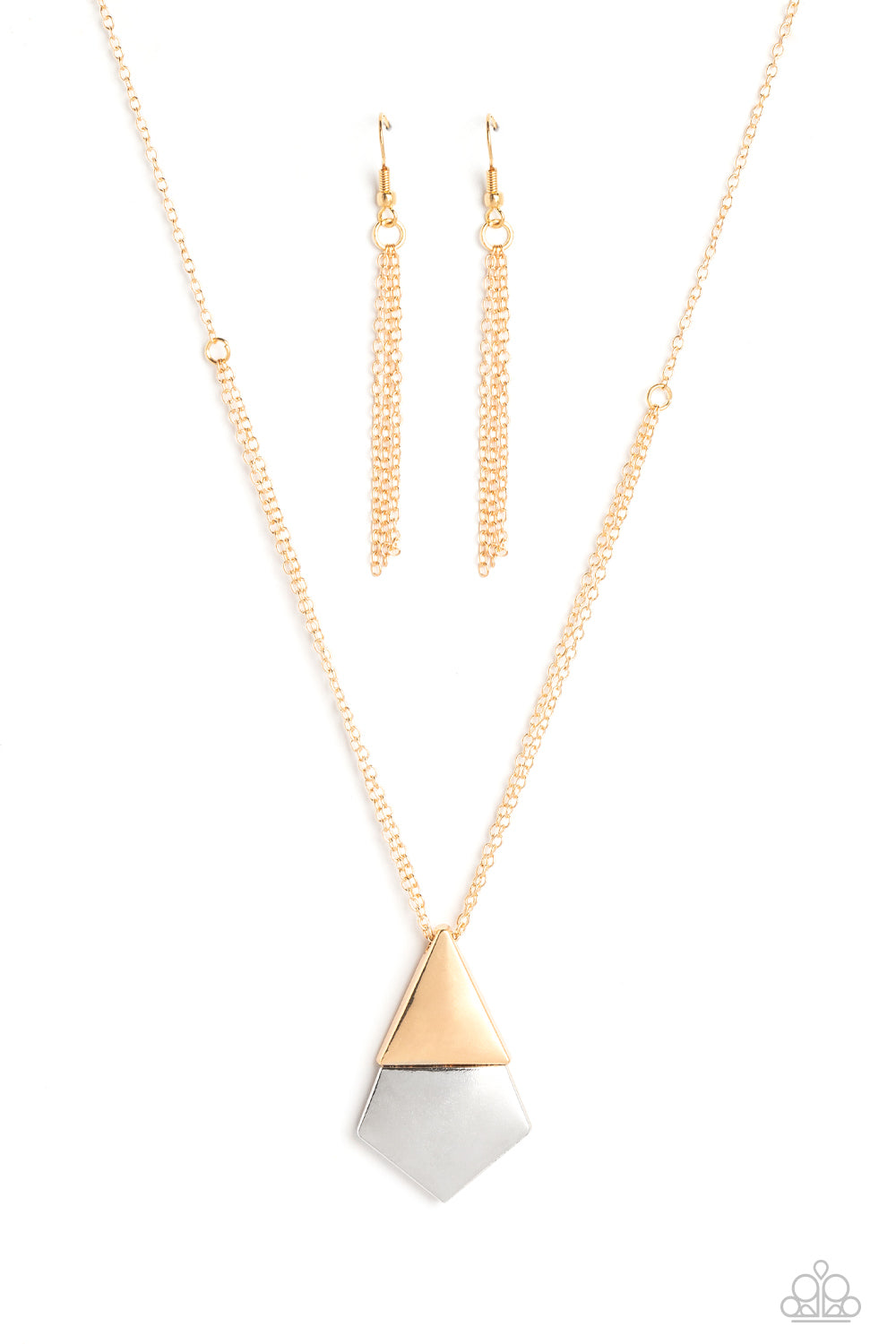 Brushed in an high-sheen finish, a gold triangle rests atop a shiny, silver pentagon, creating an upside-down, kite-shaped pendant. 