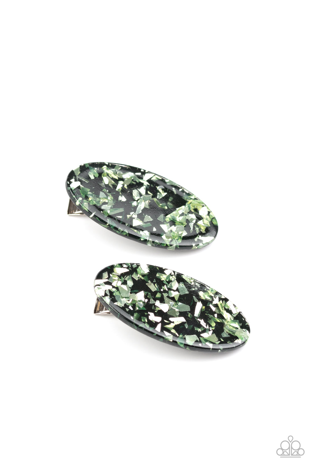 Paparazzi Hair Clips - Featuring green iridescent flecks, a pair of black oval hair clips pull back the hair for a retro look. Features a standard hair clip on the back. Sold as one pair of hair clips.