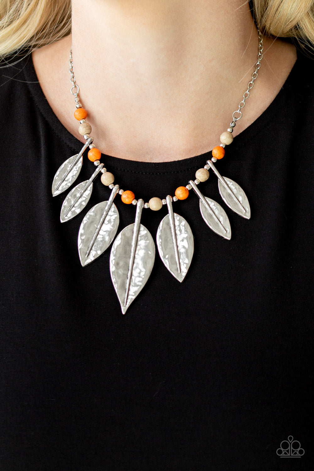 Paparazzi new necklace - Featuring lifelike detail, hammered silver leaf frames are threaded along an invisible wire below the collar. Infused with refreshing orange and brown stone beads, the leafy frames gradually increase in size for an artisan inspired finish. 